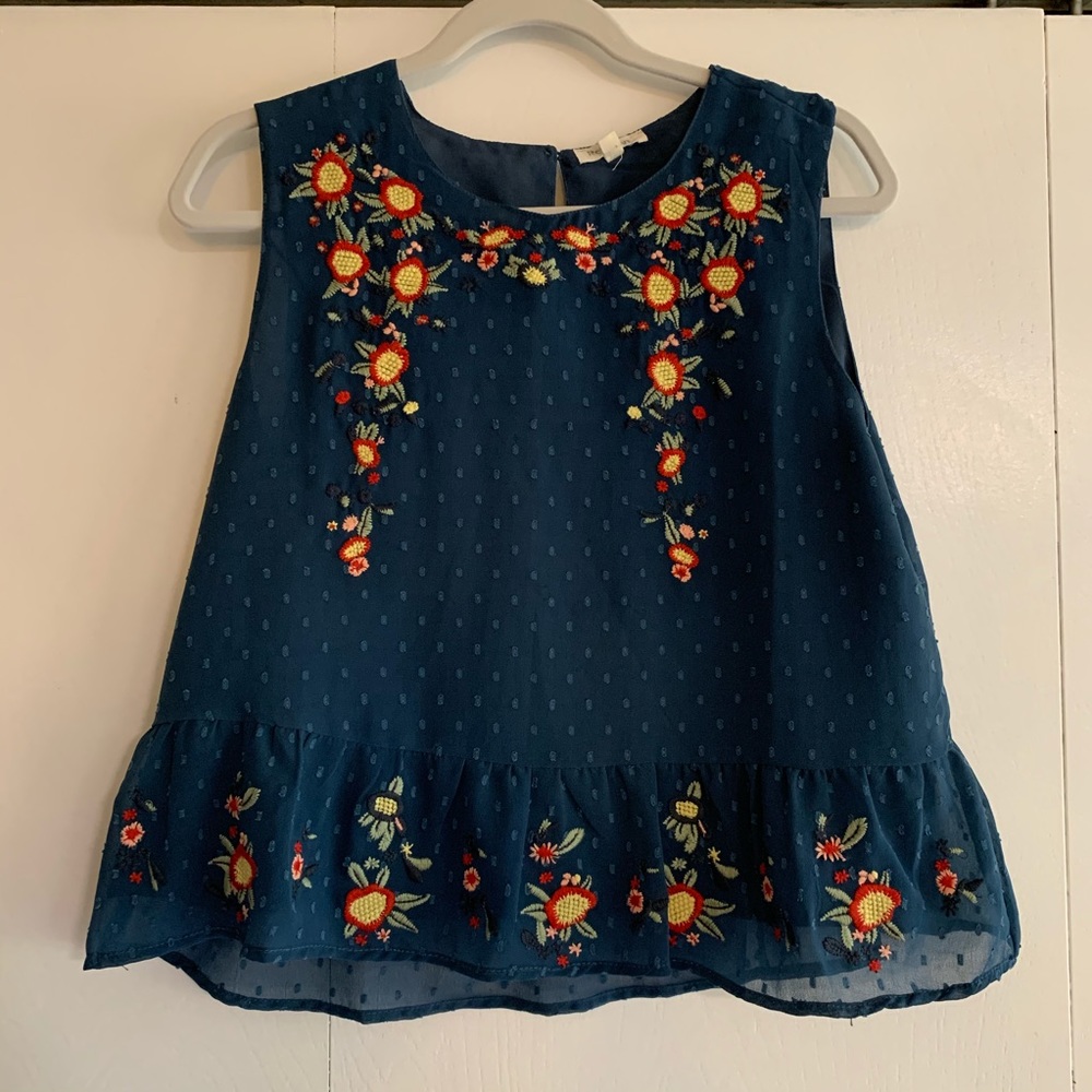 Rebellion Again Blue Floral Embroidery Peplum Top